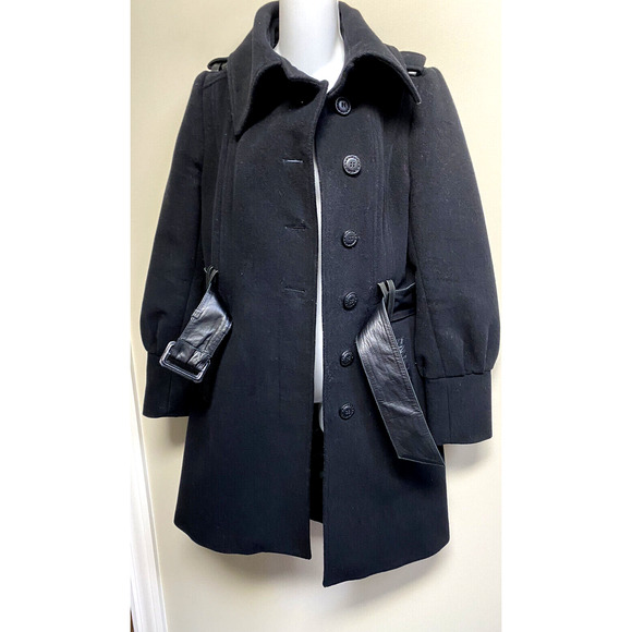 Mackage Mixed Media Coat Leather Trim Belt Asymmetrical Closure Wool Cashmere~ M - Picture 4 of 5